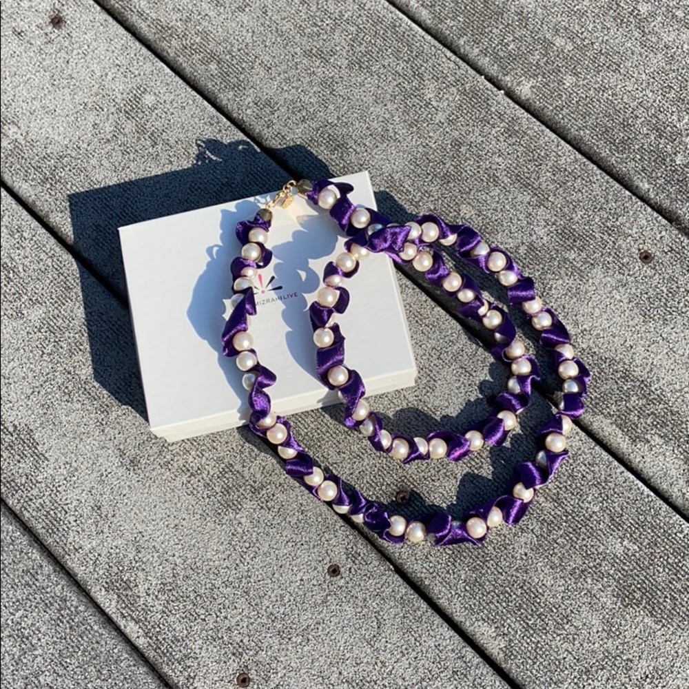 ❄️ Long “Pearl” and Purple Ribbon Necklace